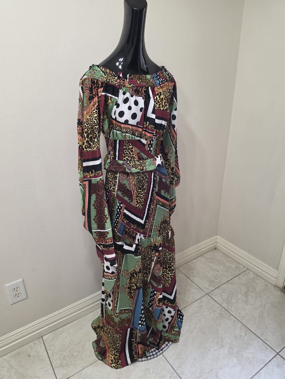 Akira-Mixed Print Satin Maxi Dress - Green Multi